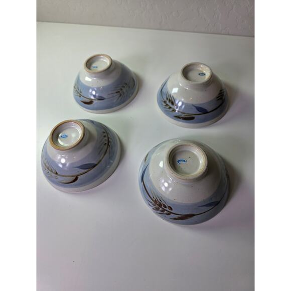 JAPANESE Blue Brown Hand Painted Glazed Rice Bowls Set of 4 - Picture 7 of 10